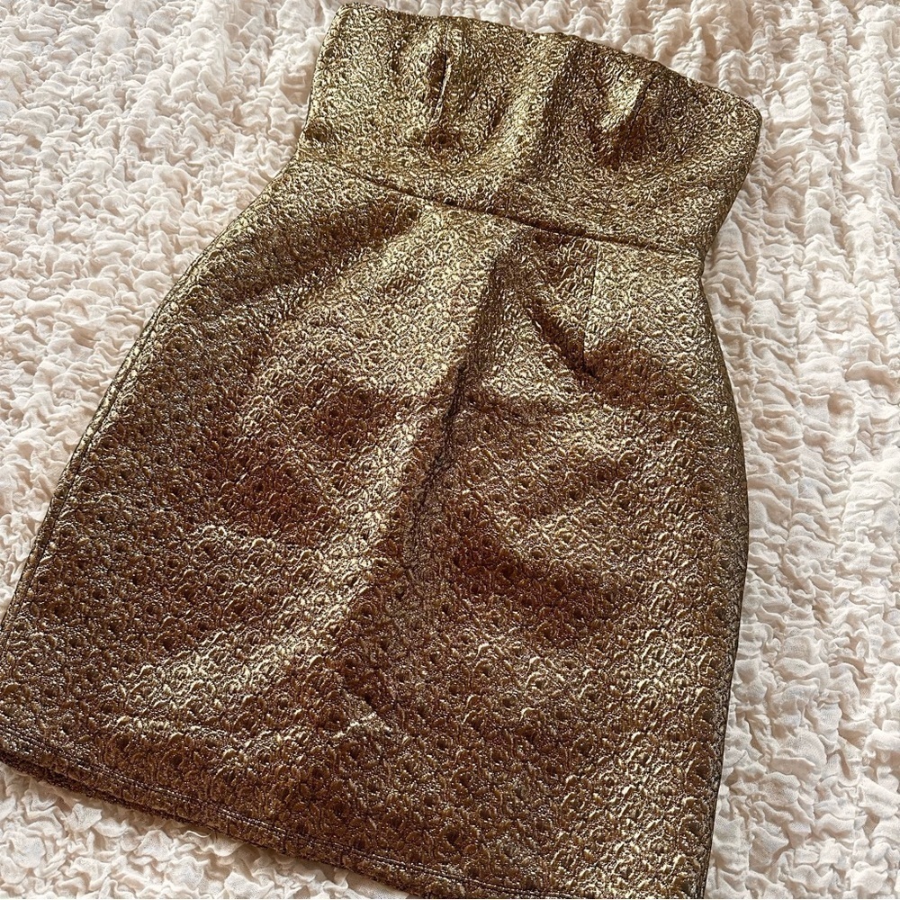 NWT Eight Sixty Black Gold Brocade Strapless Mini Dress Large Cocktail Party - Picture 3 of 9